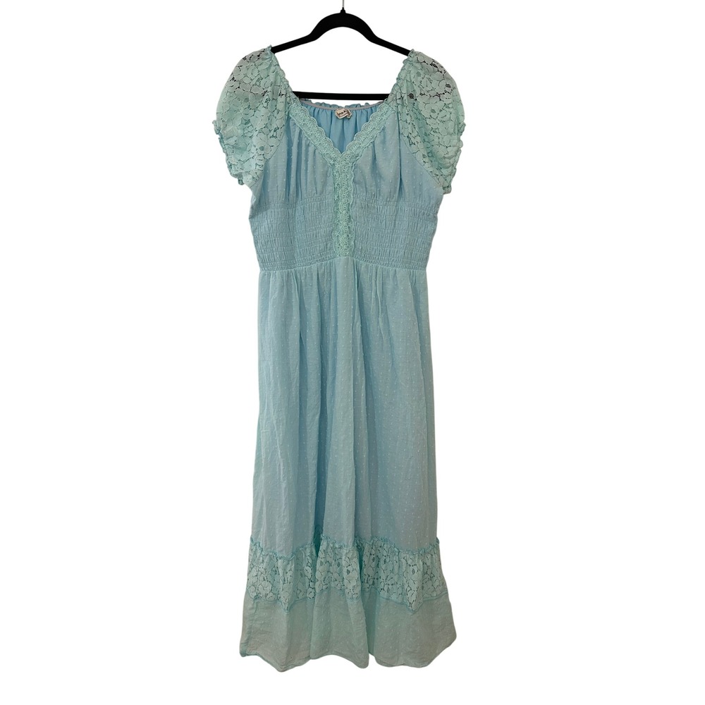 Anna-Kaci Light Blue Swiss Dot Lace Puff Sleeve Smocked Midi Dress XXL Cottage